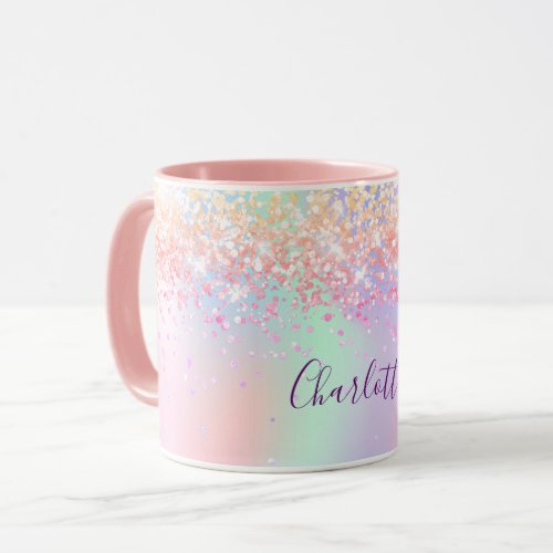 Pink purple glitter dust holographic name script m mug
