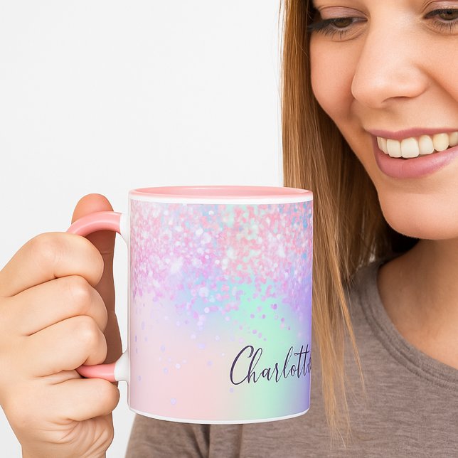 Pink purple glitter dust holographic name script m mug (Creator Uploaded)