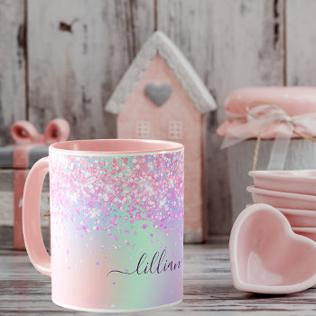 Pink Purple Glitter Dust Holographic Name Script Mug by Thunes at Zazzle
