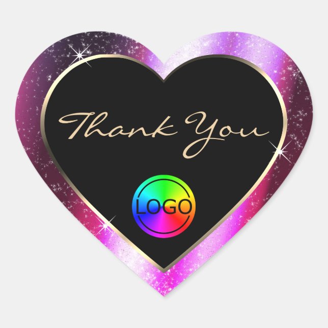 Pink Purple Glitter Frame Thank You with Logo Heart Sticker (Front)