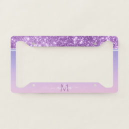 Pink Purple Glitter Girly Chic Glam Monogram Name License Plate Frame