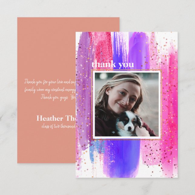 Pink & Purple Glitter Graduation Thank You Card (Front/Back)
