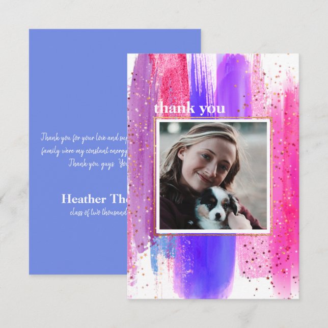 Pink & Purple Glitter Graduation Thank You Card (Front/Back)