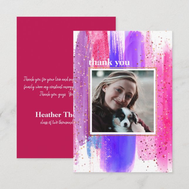 Pink & Purple Glitter Graduation Thank You Card (Front/Back)