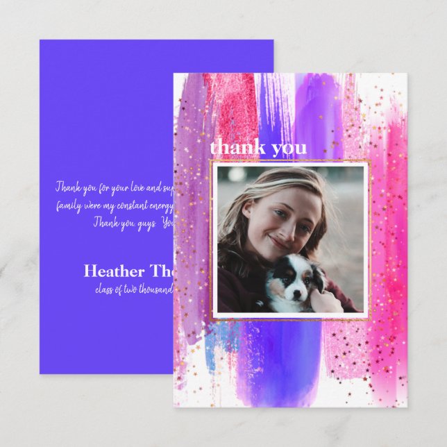 Pink & Purple Glitter Graduation Thank You Card (Front/Back)
