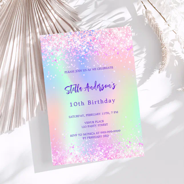 Pink purple glitter holographic 10th birthday invitation | Zazzle