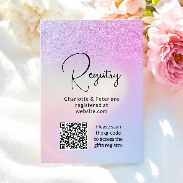 Pink Purple Glitter Holographic bridal registry qr Enclosure Card (Pink Purple Glitter Holographic bridal registry qr Enclosure Card)