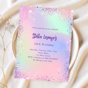 Pink purple glitter holographic luxury birthday invitation