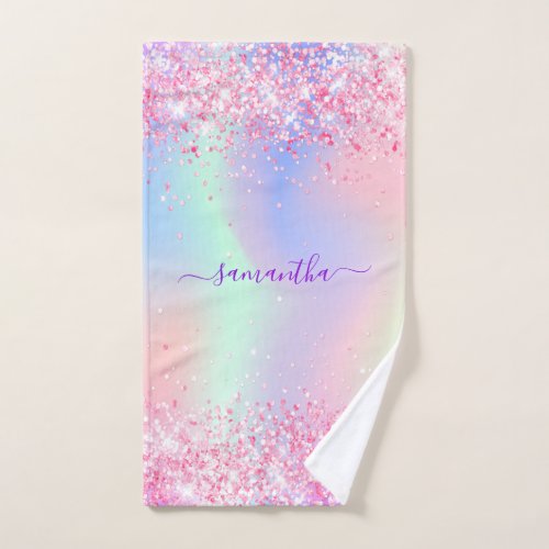 Pink purple glitter holographic name girl bath towel set