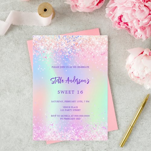 Pink purple glitter holographic Sweet 16 Invitation