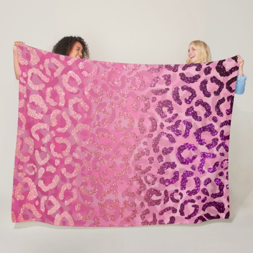 Pink Purple Glitter Leopard Animal Print Gradient Fleece Blanket