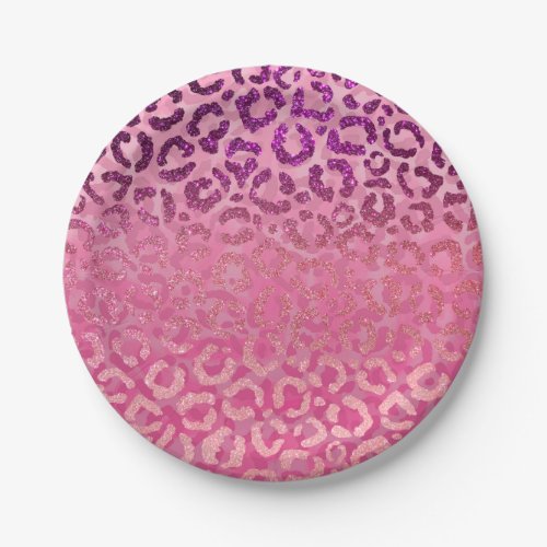 Pink Purple Glitter Leopard Animal Print Gradient Paper Plates