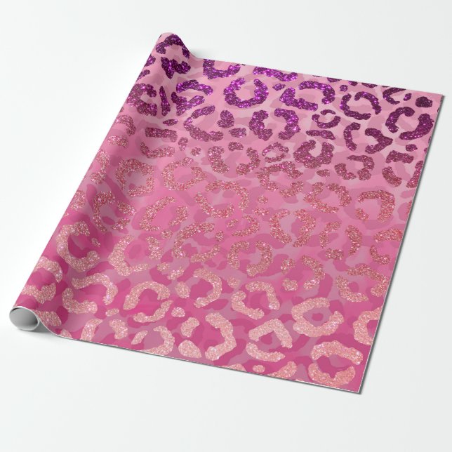 Pink Purple Glitter Leopard Animal Print Gradient Wrapping Paper (Unrolled)