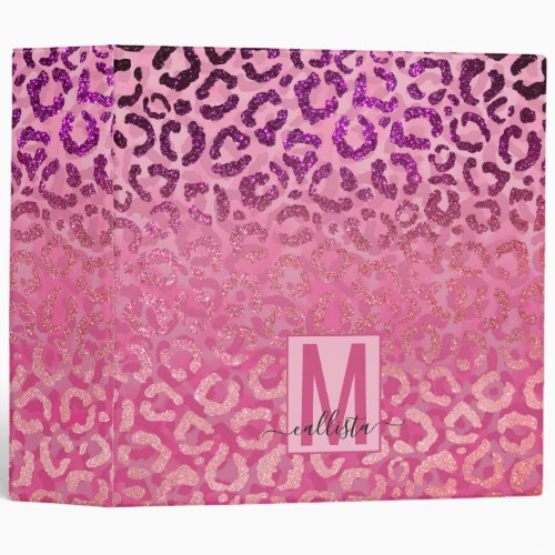 Pink Purple Glitter Leopard Animal Print Monogram 3 Ring Binder