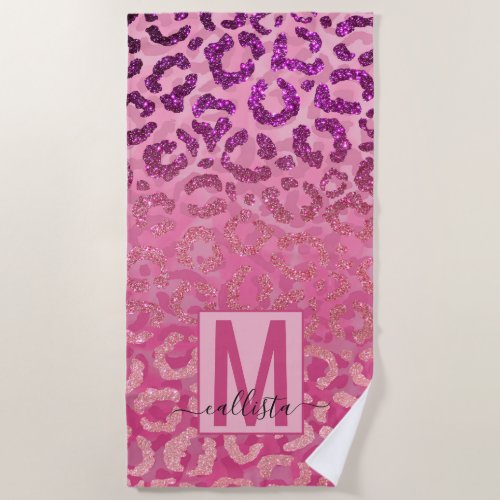 Pink Purple Glitter Leopard Animal Print Monogram Beach Towel