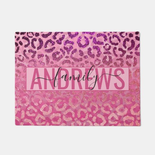 Pink Purple Glitter Leopard Animal Print Monogram Doormat