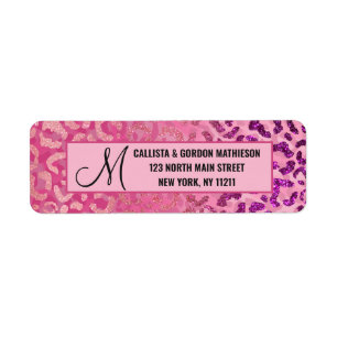Pink Purple Glitter Leopard Animal Print Monogram Label