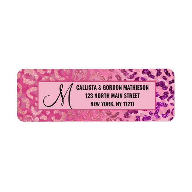 Pink Purple Glitter Leopard Animal Print Monogram Label (Front)