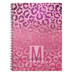 Pink Purple Glitter Leopard Animal Print Monogram Notebook