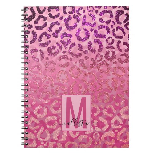 Pink Purple Glitter Leopard Animal Print Monogram Notebook