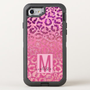 Pink Purple Glitter Leopard Animal Print Monogram OtterBox Defender iPhone SE/8/7 Case