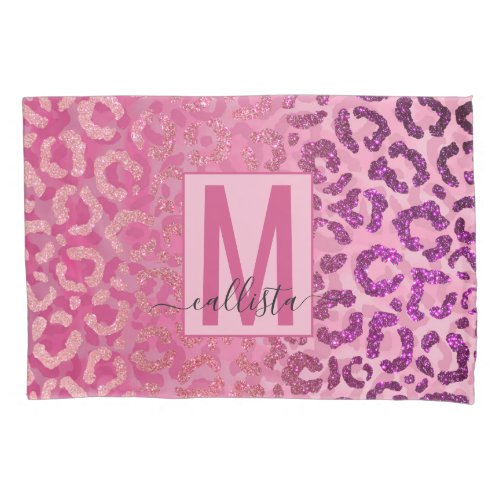 Pink Purple Glitter Leopard Animal Print Monogram Pillow Case