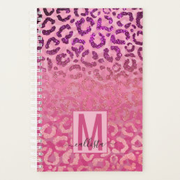Pink Purple Glitter Leopard Animal Print Monogram Planner
