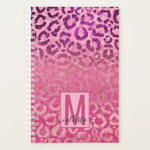 Pink Purple Glitter Leopard Animal Print Monogram Planner