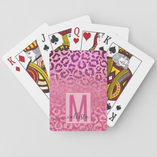 Pink Purple Glitter Leopard Animal Print Monogram Playing Cards