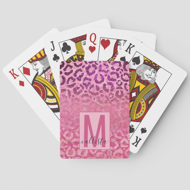 Pink Purple Glitter Leopard Animal Print Monogram Poker Cards (Back)