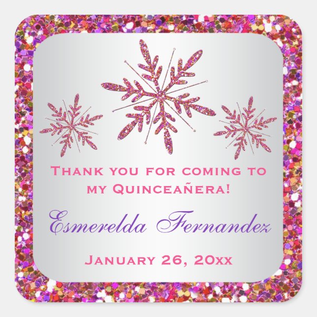Pink, Purple Glitter LOOK Snowflakes Favor Sticker (Front)