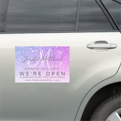 Pink Purple Glitter Makeup Hair We're Open Covid Car Magnet