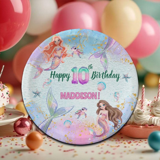Pink Purple Glitter Mermaids 10th Birthday Party Paper Plates (Creator Uploaded)