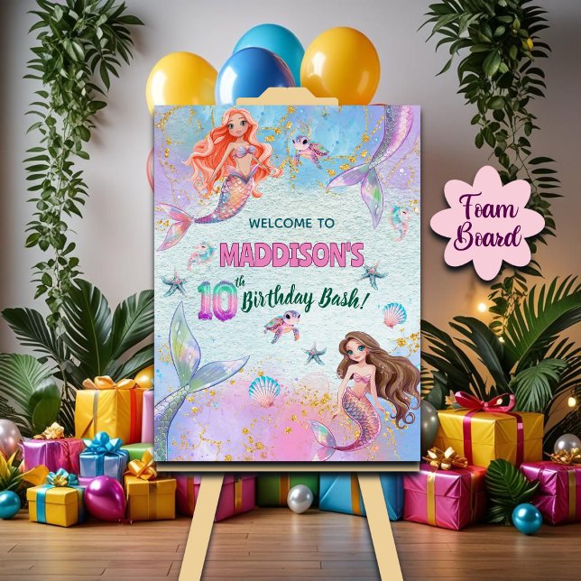 Pink Purple Glitter Mermaids 10th Birthday Welcome Foam Board (Creator Uploaded)