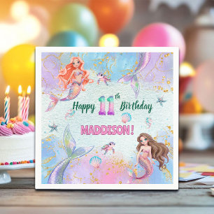 Pink Purple Glitter Mermaids 11th Birthday Party Napkins