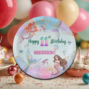 Pink Purple Glitter Mermaids 11th Birthday Party Paper Plates