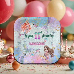 Pink Purple Glitter Mermaids 11th Birthday Party Paper Plates