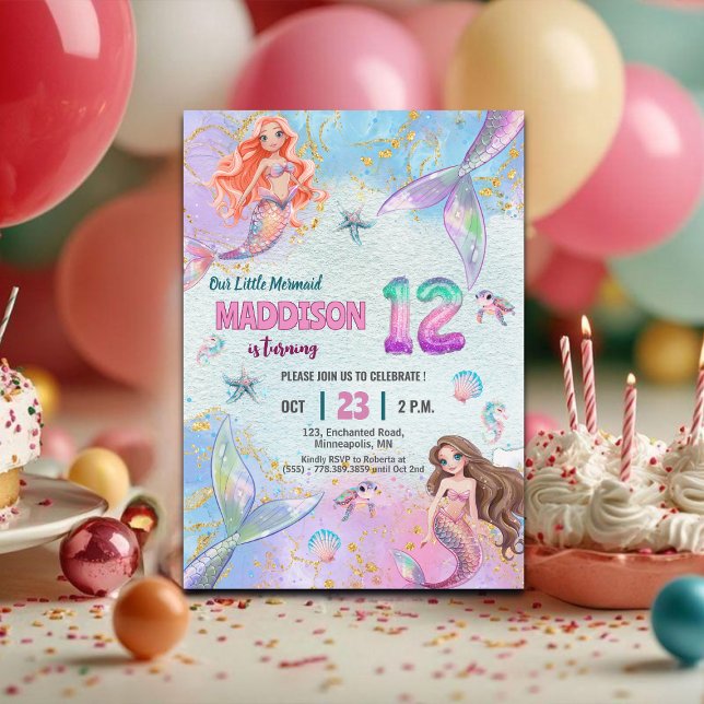Pink Purple Glitter Mermaids 12th Birthday Party Invitation (Creator Uploaded)
