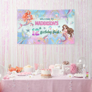 Pink Purple Glitter Mermaids 12th Birthday Welcome Banner