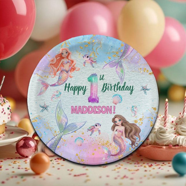 Pink Purple Glitter Mermaids 1st Birthday Party Paper Plates (Creator Uploaded)