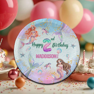 Pink Purple Glitter Mermaids 2nd Birthday Party Paper Plates