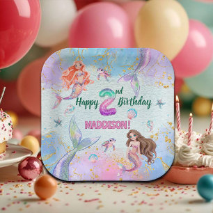 Pink Purple Glitter Mermaids 2nd Birthday Party Paper Plates