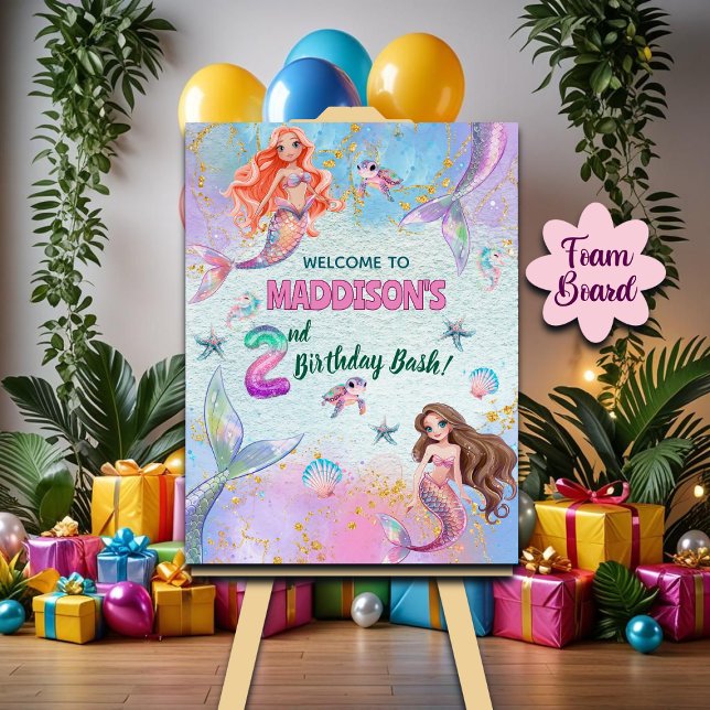 Pink Purple Glitter Mermaids 2nd Birthday Welcome Foam Board (Creator Uploaded)