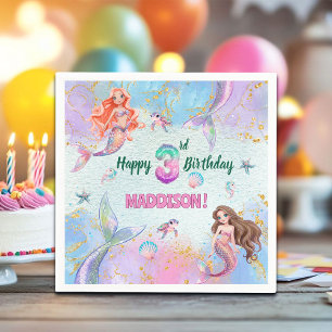 Pink Purple Glitter Mermaids 3rd Birthday Party Napkins