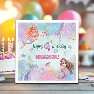 Pink Purple Glitter Mermaids 4th Birthday Party Napkins