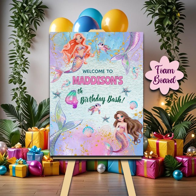 Pink Purple Glitter Mermaids 4th Birthday Welcome Foam Board (Creator Uploaded)