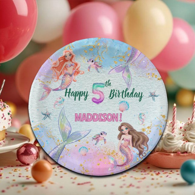 Pink Purple Glitter Mermaids 5th Birthday Party Paper Plates (Creator Uploaded)
