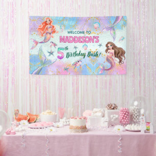 Pink Purple Glitter Mermaids 5th Birthday Welcome Banner