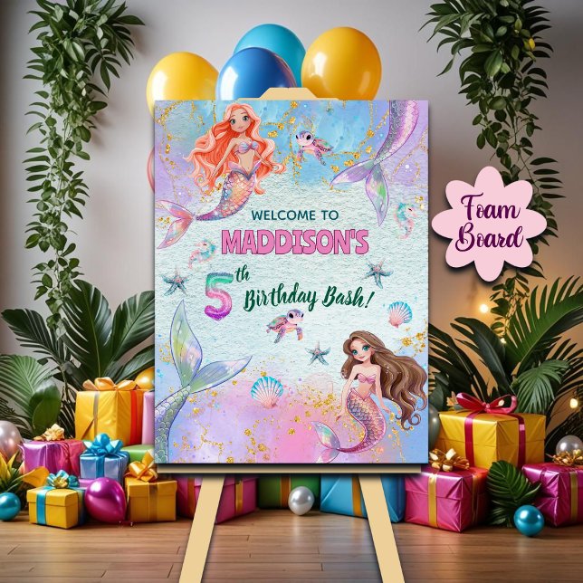 Pink Purple Glitter Mermaids 5th Birthday Welcome Foam Board (Creator Uploaded)