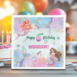 Pink Purple Glitter Mermaids 6th Birthday Party Napkins